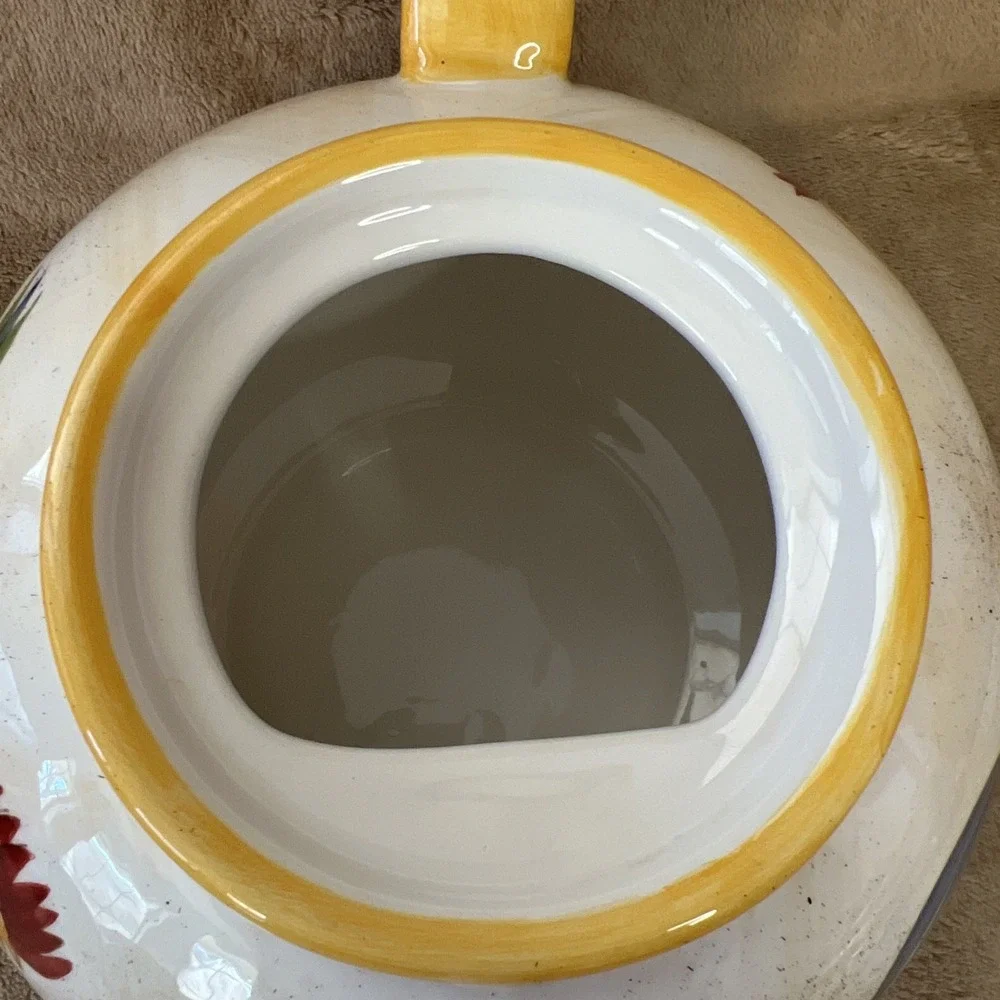 AMERICAN ATELIER Teapot & Lid Round Rooster‎ Handpainted Earthenware 5242
